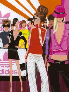 a group of people standing next to each other in front of adidas advertisement poster