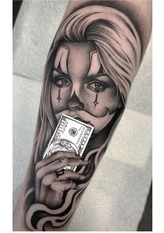 a woman with makeup on her face holding money