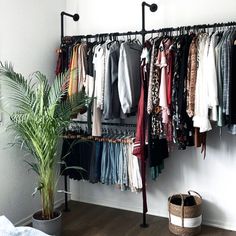 a rack with clothes hanging on it and a potted plant in the corner next to it