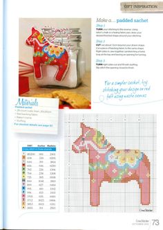 cross stitch pattern book with instructions to make a horse ornament and other items