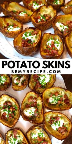 baked potato skins with bacon and sour cream on top are served on a white platter