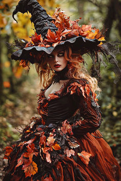 a woman in a dress and hat with leaves on it