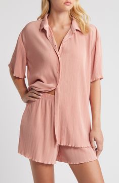 Plissé pleats bring bold texture to these pajamas meant to elevate your evening routine. 29 1/2" top length; 4 1/2" inseam; 31" leg opening; 12" front rise; 15 1/2" back rise (size Medium) Top has spread collar; short sleeves 100% polyester Machine wash, tumble dry Imported Solid Spring Sleepwear With Relaxed Fit, Spring Solid Color Relaxed Fit Sleepwear, Pleated Relaxed Fit Tops For Summer, Summer Pleated Tops With Relaxed Fit, Spring Loungewear Sets In Rayon, Spring Rayon Loungewear Sets, Solid Color Tops For Pajama Party In Spring, Rayon Short Sleeve Tops For Loungewear, Summer Viscose Sleepwear