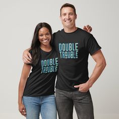 Celebrate your twins with this cute Double Trouble shirt. Perfect for new parents of twins! Cute Couple Matching Outfits, 2000 Shirts, Lab Work, Couple Matching Outfits, I Love My Girlfriend, Couple Matching, Tee Shirt Homme, Couple T-shirt, Couple Outfits