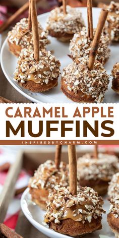 Learn how to make Caramel Apple Muffins! Topped with cinnamon, dipped in caramel, then finished with pecans and a cinnamon stick, these homemade muffins are a simple Thanksgiving dessert everyone will enjoy. Save this simple fall recipe!