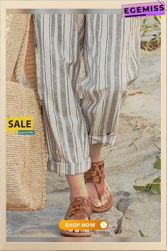 Retro Stripes Vintage Casual Pants Relaxed Fit Ankle-length Bottoms For Vacation, Casual Ankle-length Harem Pants For Beach, Casual Fall Beach Pants, Casual Beach Pants For Fall, Comfortable Trousers For Vacation, Ankle-length Summer Vacation Bottoms, Comfortable Spring Vacation Bottoms, Comfortable Vacation Trousers, Comfortable Vacation Pants