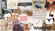 collage of old western posters and stickers with cow, cowboy, buffalo, road sign