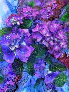 some purple flowers and green leaves on a tile wall