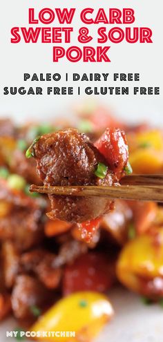 low carb sweet and sour pork recipe on a spoon