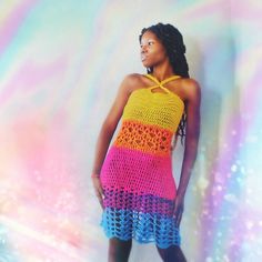 Bohemian Multicolor Summer Patterns, Multicolor Sleeveless Crochet Lace Dress, Multicolor Crochet Lace Sleeveless Dress, Multicolor Sleeveless Crochet Dress With Crochet Trim, Fitted Bohemian Patterns For Summer, Fitted Crochet Patterns For Beach, Bohemian Summer Vacation Patterns, Summer Fitted Crochet Lace Patterns, Multicolor Patterns For Summer Beach