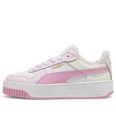 (WMNS) PUMA Carina Street Shoes 'White Pink' 389390-22 White Sneakers With Round Toe For Spring, White Round Toe Sneakers For Spring, White Skate Shoes With Translucent Outsole, Spring White Skate Shoes With Cushioned Footbed, Branded Heel Counter Low-top Skate Shoes, White Skate Shoes With Rubber Sole For Spring, Puma Carina, Street Shoes, Fashion Performance