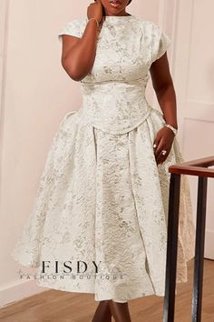 Fisdy - Elegantes vestidos cruzados de tirantes en forma de A con un encantador diseño estampado Cogic Fashion, Stand Collar Dress, Church Attire, Pencil Skirt Dress, Collared Shirt Dress, Jumpsuit Elegant, Church Dresses, Patchwork Print, Lace Evening Dresses