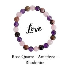 "💛This gorgeous Peaceful LOVE Bracelet is the perfect for deepens connections and promotes harmony in relationships👌💖 💖Features: 💎Gemstones :   Rose Quartz, Amethyst, Rhodonite 💎Round beads size - 8mm 💎Wrist Size : 7 - 7.5 inches. 🌷Rose Quartz: Often called the \"Stone of Unconditional Love,\" Rose Quartz emanates a gentle, nurturing energy that fosters self-love, empathy, and compassion. It deepens connections and promotes harmony in relationships, making it an ideal crystal for matters of the heart. 🌷Amethyst: Beyond its calming properties, Amethyst embodies spiritual love and wisdom. It encourages a deeper understanding of oneself and others, fostering a more profound sense of love and appreciation in relationships. 🌷Rhodonite: Known for its ability to balance emotions, Rhodon Peaceful Love, Dream Partner, Love Stones, Attracting Love, Love Crystals, Intention Bracelets, Healing Gemstone Bracelets, Love And Forgiveness, Spiritual Love