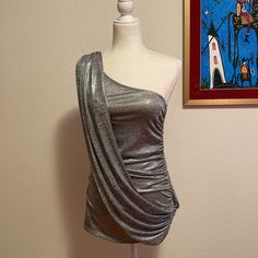 Nwt. Party Dress Or Long Top. Stretchy Holiday Shimmer Mini Dress For Evening, Holiday Evening Mini Dress With Shimmer, Metallic Mini Dress For Holiday Evening, Metallic Mini Dress For Evening Holiday, Fitted Silver Mini Dress For Holiday, Elegant Gray Mini Dress For Night Out, Holiday Evening Shiny Mini Dress, Holiday Evening Metallic Mini Dress, Holiday Party Metallic Mini Dress