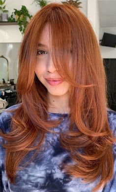 Copper Brown Hair Curtain Bangs, Ginger Auburn Hair, Copper Ginger Hair, Red Hair Layers, Copper Brown Hair, Red Hair Inspo, Copper Hair Color