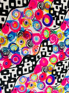 an abstract painting with circles and dots on black, white, pink, blue, yellow