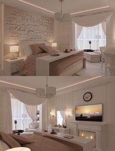 two pictures of a bedroom with white walls and furniture