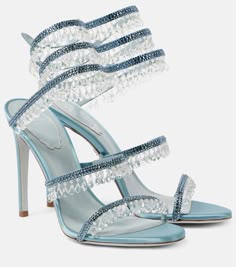 Chandelier 105 embellished satin sandals in blue - Rene Caovilla | Mytheresa Rene Caovilla Chandelier, Rene Caovilla Heels, Rene Caovilla Shoes, Womens Strappy Sandals, Latest Sandal, Celebrity Closet, Satin Sandals, Mid Heels Pumps, Mid Heel Sandals