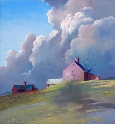 a painting of a farm house on a hill with clouds in the sky above it