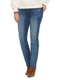 "Distressed Stretch Denim Medium Blue Wash "Ab"solution Straight Leg Booty Lift Jeans" Feel Empowered, Indigo Jeans, Distressed Denim Jeans