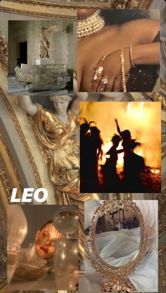 a collage of photos with the words leo written in white and gold on it