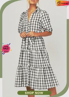 Fashion Casual Plaid Split Joint Turndown Collar A Line Dresses Casual Plaid Midi Dress For Spring, Casual Plaid Maxi Dress For Spring, Casual Plaid Maxi Dress, Line Dresses, A Line Dresses, Fashion Elegant, Turndown Collar, Lantern Sleeves, Polo Collar