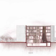 an architectural drawing of a building with trees in the foreground and foggy sky behind it