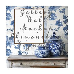 blue and white vases are sitting on a dresser next to a framed print that reads, gather what's shack hong kong