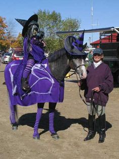 a man in purple is standing next to a horse with a hat on it's head