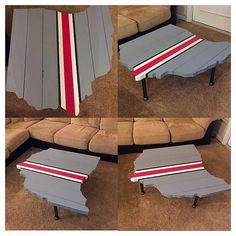 four different pictures of the same couch and table with red, white, and blue stripes on it