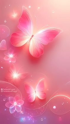 two pink butterflies flying in the air with bubbles and stars around them on a pink background