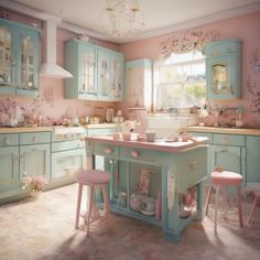 a kitchen with pastel blue cabinets and pink stools