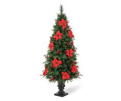 a christmas tree decorated with red poinsettis and lights on an isolated white background