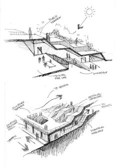 two drawings of different types of architecture