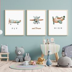 three children's wall art prints featuring an airplane, teddy bear and other toys