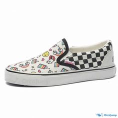 Orcajump - Handcrafted Chessboard Fabric Footwear with Graffiti Print and Slip-On Design Floral Fabric Design, Grid Design Pattern, Soft Sole Slippers, Elegant Boots, Heeled Flip Flops, Elegant Flats, Canvas Flats, Canvas Slip On Shoes, Canvas Shoe