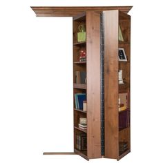 a tall wooden bookcase with books on it's sides and shelves in the middle