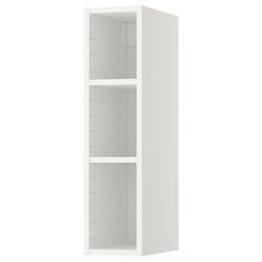 a white cabinet with three shelves and no doors on the front, against a white background