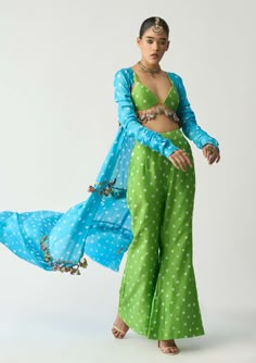 Handmade Puppets, Paulmi And Harsh, Pink Kaftan, Bandhani Dress, Parrot Green, Traditional Indian Outfits, Palazzo Set, Unique Outfit, Ethnic Outfits