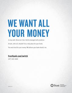 an advertisement for fresh bank with the words we want all your money