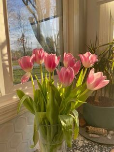 a vase filled with pink flowers on top of a table next to a potted plant