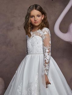 Elegant Long Sleeves Embroidered Kids Party Dresses Jewel Neck Tulle L — Bridelily Long Sleeve Princess Dress For First Communion In Spring, Spring Long Sleeve Princess Dress For First Communion, Fitted Floral Applique Dress For Confirmation, Long Sleeve Dresses For First Communion In Spring, Long Sleeve Princess Style First Communion Dress, Fitted Gown For Confirmation With Long Sleeves, Fitted Long Sleeve Gown For Confirmation, White Long Sleeve Gown For Dress-up, White Long Sleeve Formal Gown