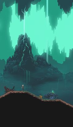 an image of a game scene with green and blue lights in the background, as well as mountains