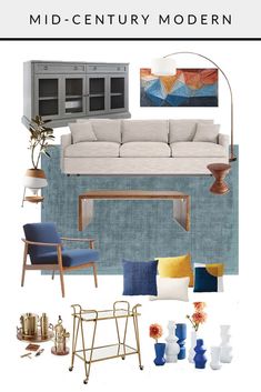 the mid century modern color scheme is blue, yellow and white