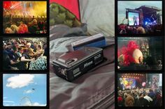 a collage of pictures with people at an outdoor concert and electronic devices in front of them