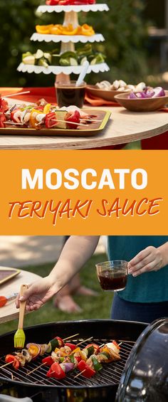 there is a large grill with food on it and the words moscato teriya sauce