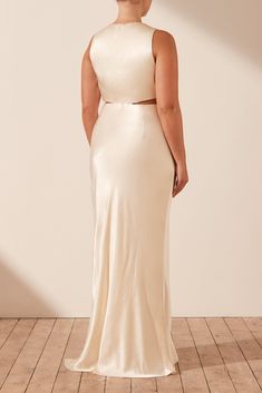 La Lune Plunged Cut Out Maxi Dress | Cream | Dresses | Shona Joy – Shona Joy International Side Slits Backless Maxi Dress For Wedding, Satin Maxi Dress With Side Slits For Wedding, Chic Maxi Dress With Side Slits For Wedding, Chic Wedding Maxi Dress With Side Slits, Satin V-neck Maxi Dress With Side Slits, Satin Maxi Dress With Side Slits And V-neck, Bias Cut Maxi Dress For Wedding Guest, Bias Cut Modal Satin Maxi Dress, Modal Satin Floor-length Maxi Dress For Wedding