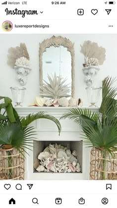 the fireplace is decorated with plants and vases