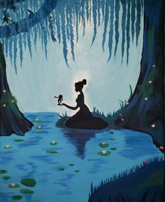 a painting of a woman sitting in the water holding a small bird and looking at it