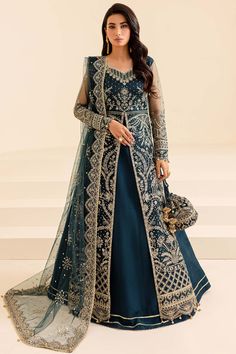 Royal Blue Embroidered Pakistani Wedding Dress in Gown Pishwas Style Shadi Dress, Wedding Dresses Pakistani, Shadi Dresses, Silk Design, Desi Wedding Dresses, Pakistani Wedding Outfits, Pakistani Wedding Dress, Maria B, Pakistani Wedding Dresses